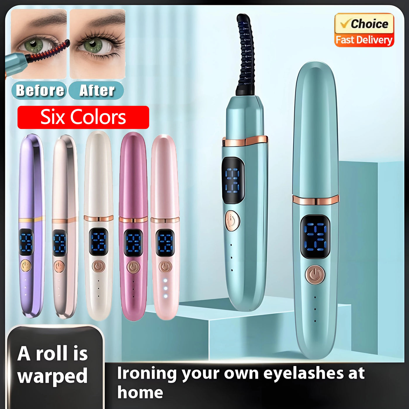 USB Eyelash Curler in six colors with digital display and heated comb for long-lasting curls. Features fast delivery and intelligent temperature control.