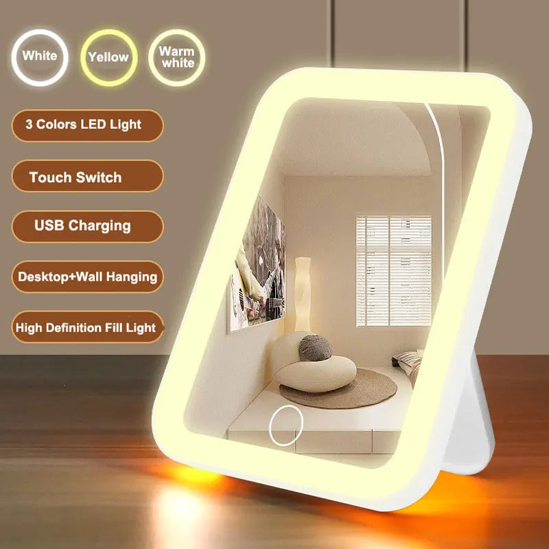 USB Recharge LED Touch Mirror with 3 color LED lights, touch switch, and desktop or wall mounting. Ideal for makeup and beauty routines.