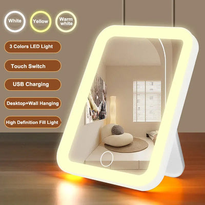 USB Recharge LED Touch Mirror with 3 color LED lights, touch switch, and desktop or wall mounting. Ideal for makeup and beauty routines.