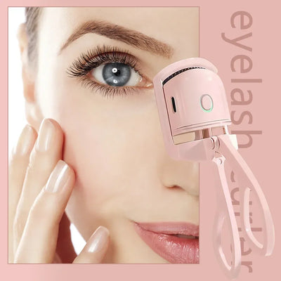 USB Heated Eyelash Curler in pink and white with anti-scald design, shown with before and after lash results for long-lasting curl.