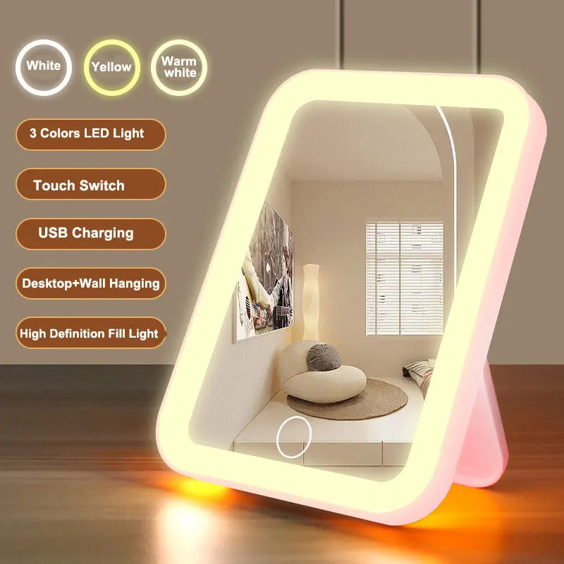 USB Recharge LED Touch Mirror with 3 color LED lights, touch switch, and desktop or wall mounting. Ideal for makeup and beauty routines.