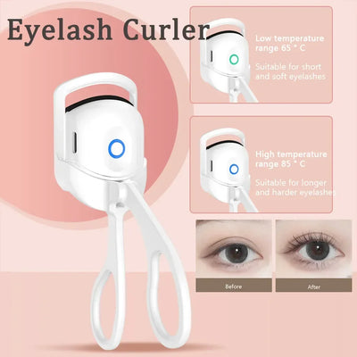 USB Heated Eyelash Curler in pink and white with anti-scald design, shown with before and after lash results for long-lasting curl.