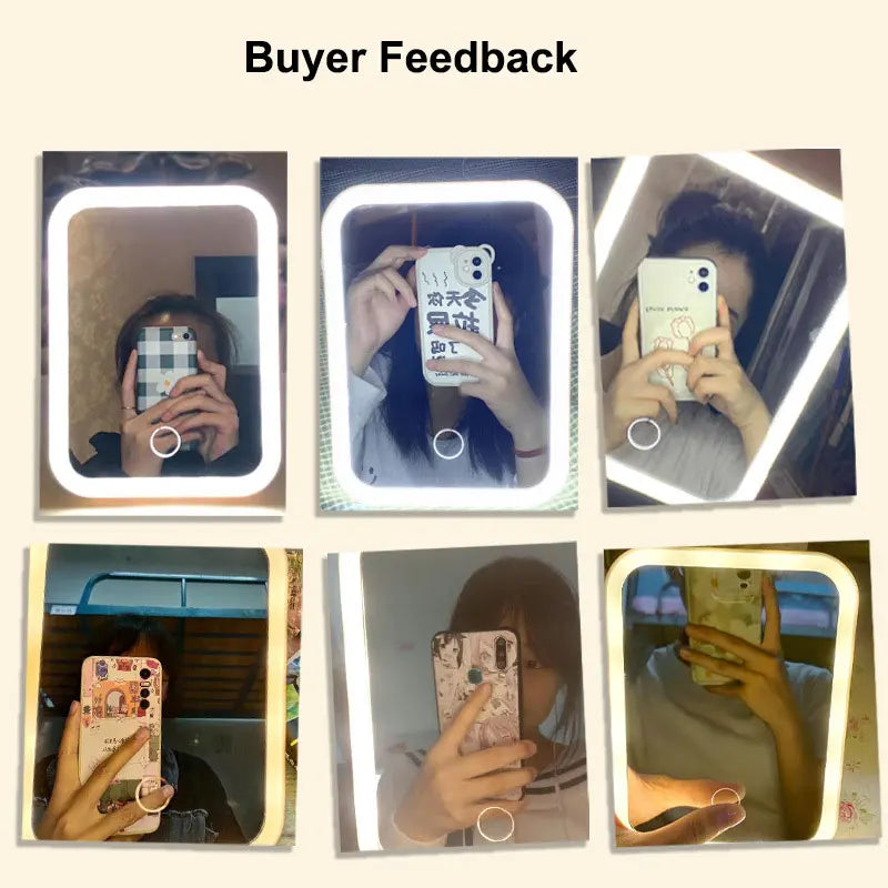 USB Recharge LED Touch Mirror with 3 color LED lights, touch switch, and desktop or wall mounting. Ideal for makeup and beauty routines.