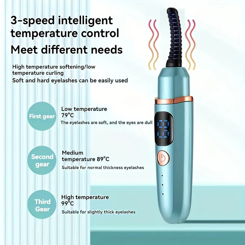 USB Eyelash Curler in six colors with digital display and heated comb for long-lasting curls. Features fast delivery and intelligent temperature control.