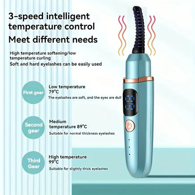 USB Eyelash Curler in six colors with digital display and heated comb for long-lasting curls. Features fast delivery and intelligent temperature control.