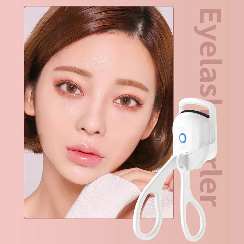 USB Heated Eyelash Curler in pink and white with anti-scald design, shown with before and after lash results for long-lasting curl.