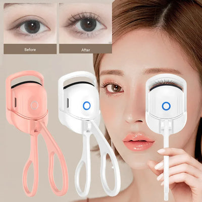 USB Heated Eyelash Curler in pink and white with anti-scald design, shown with before and after lash results for long-lasting curl.