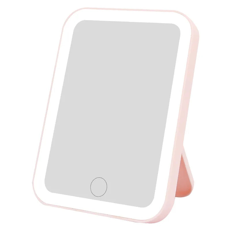 USB Recharge LED Touch Mirror with 3 color LED lights, touch switch, and desktop or wall mounting. Ideal for makeup and beauty routines.