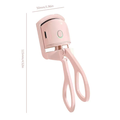 USB Heated Eyelash Curler in pink and white with anti-scald design, shown with before and after lash results for long-lasting curl.