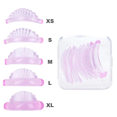 FUNMIX Silicone Lash Lift Kit with 3D eyelash perming and curling pads in XS to XL sizes, stored in a clear plastic case for easy use.