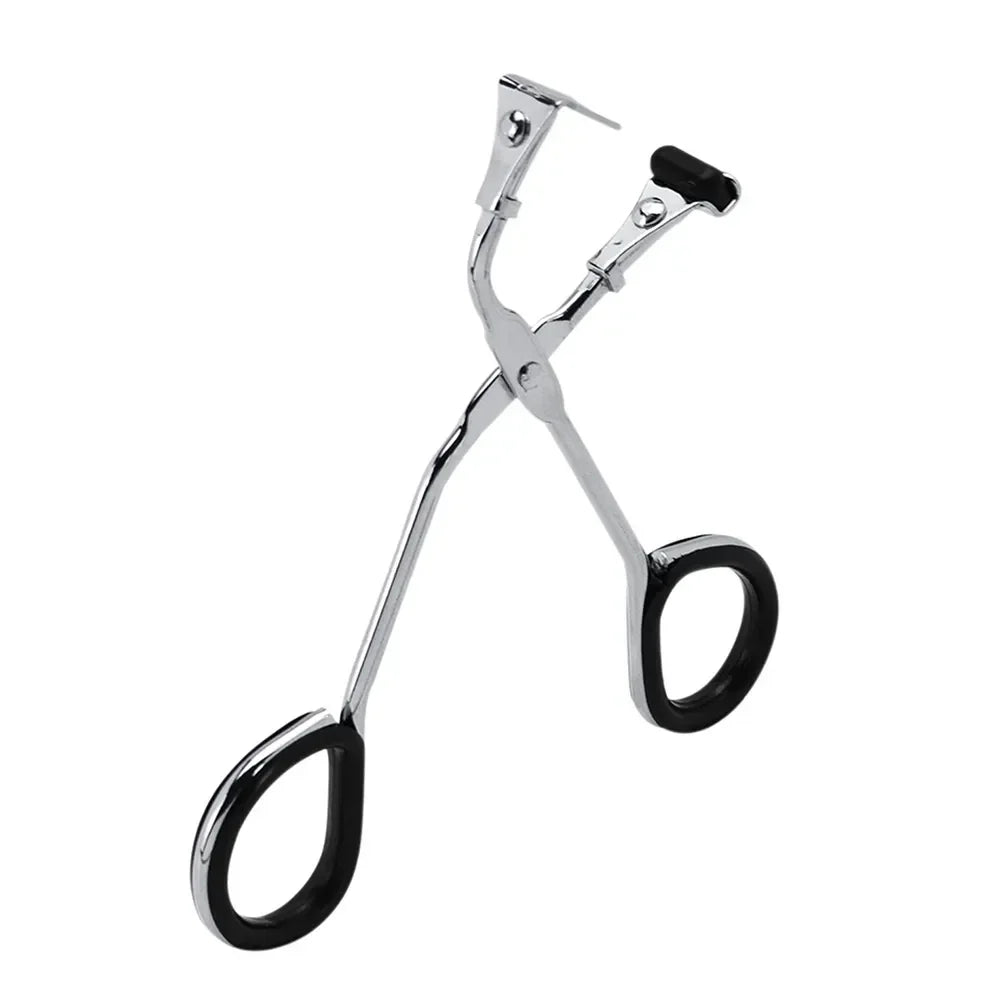 USB Heated Eyelash Curler in pink and white with anti-scald design, shown with before and after lash results for long-lasting curl.