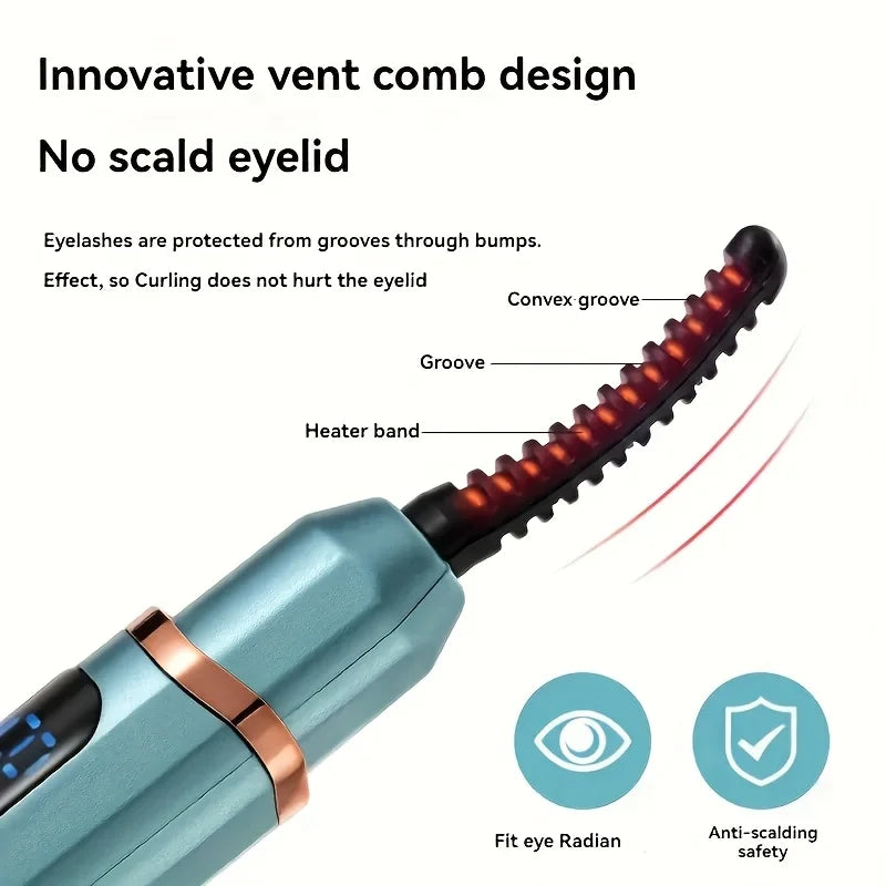 USB Eyelash Curler in six colors with digital display and heated comb for long-lasting curls. Features fast delivery and intelligent temperature control.