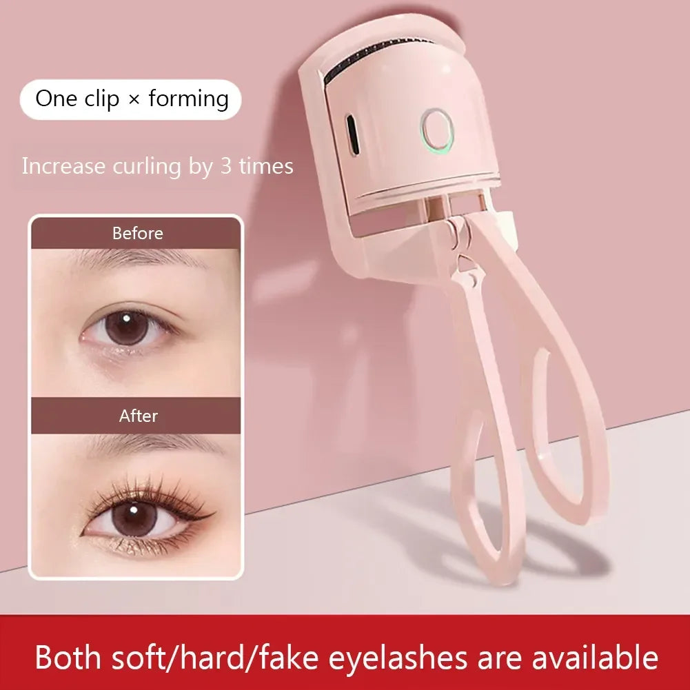 USB Heated Eyelash Curler in pink and white with anti-scald design, shown with before and after lash results for long-lasting curl.
