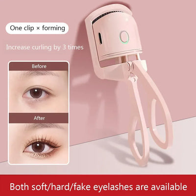 USB Heated Eyelash Curler in pink and white with anti-scald design, shown with before and after lash results for long-lasting curl.