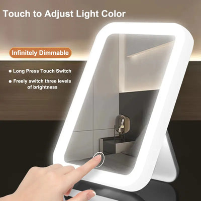 USB Recharge LED Touch Mirror with 3 color LED lights, touch switch, and desktop or wall mounting. Ideal for makeup and beauty routines.